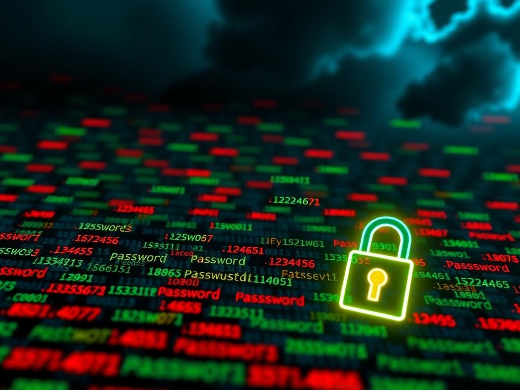 Flick International A digital landscape showcasing a multitude of floating password snippets in various colors on a dark background, illustrating the vastness of password data and cybersecurity risks.
