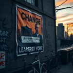 Flick International Close-up of a crumbling political campaign poster on a city wall with a faded New York skyline in the background