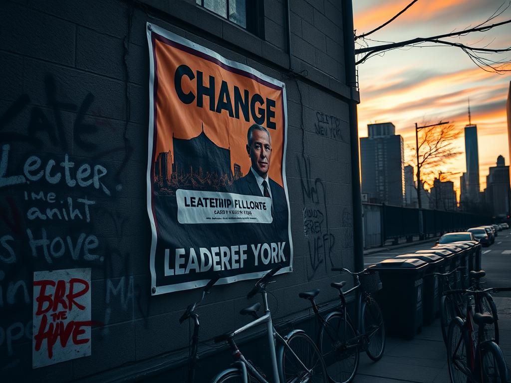 Flick International Close-up of a crumbling political campaign poster on a city wall with a faded New York skyline in the background