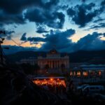 Flick International Darkened Cannes Film Festival venue with emergency lights and charred power substation