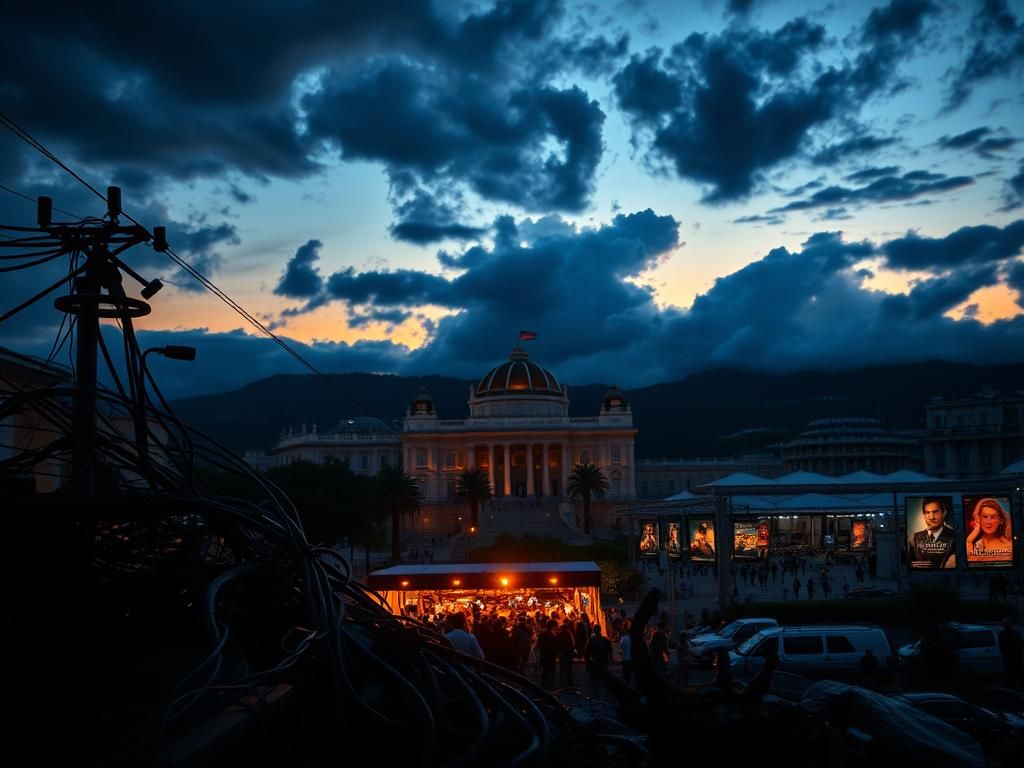 Flick International Darkened Cannes Film Festival venue with emergency lights and charred power substation