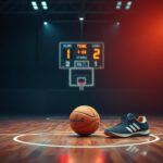 Flick International Tense sports-themed scene of an empty basketball court at twilight