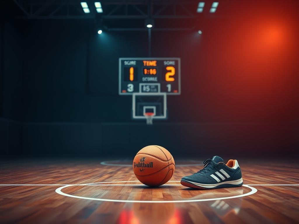 Flick International Tense sports-themed scene of an empty basketball court at twilight