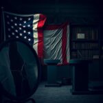 Flick International Tattered American flag draped over empty political podiums symbolizing disillusionment