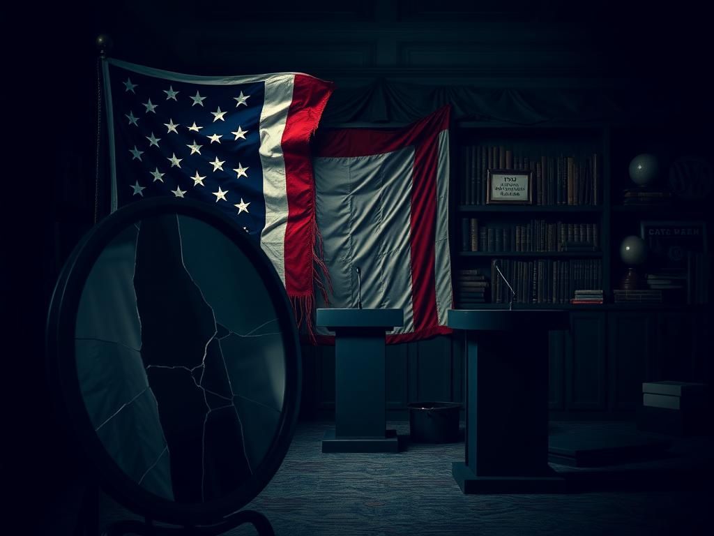 Flick International Tattered American flag draped over empty political podiums symbolizing disillusionment