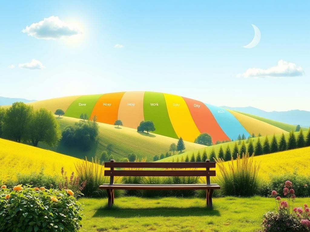 Flick International A serene landscape depicting the seven-day week with vibrant colors symbolizing rest and work.