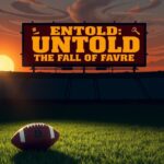 Flick International A worn-out football resting on a grass-covered field under a dramatic sunset, symbolizing Brett Favre's legacy.