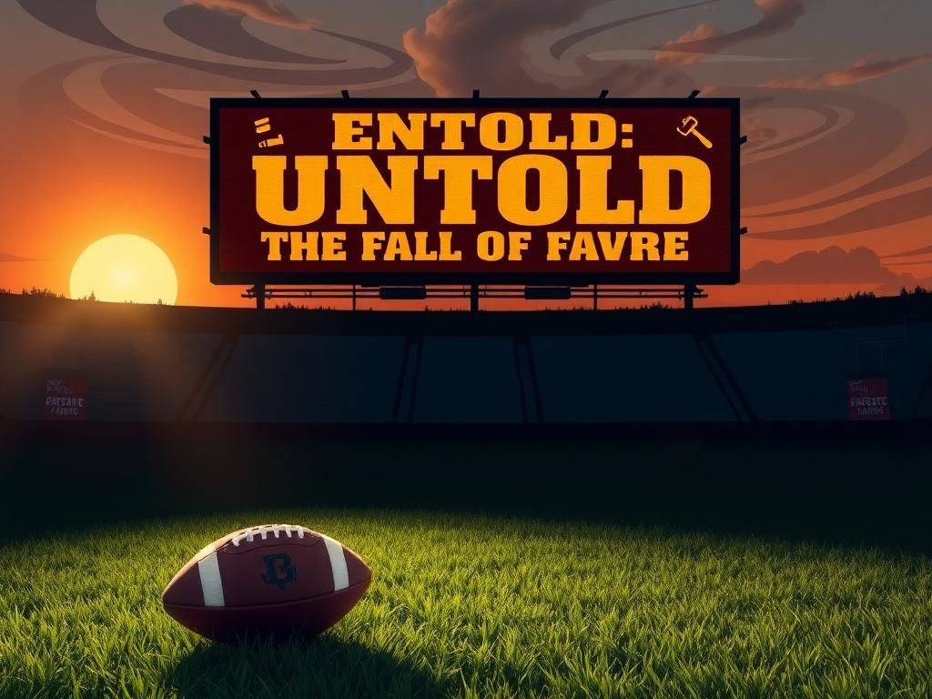 Flick International A worn-out football resting on a grass-covered field under a dramatic sunset, symbolizing Brett Favre's legacy.