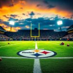 Flick International Dynamic scene of a Pittsburgh Steelers football field at dusk with bright stadium lights and team logo
