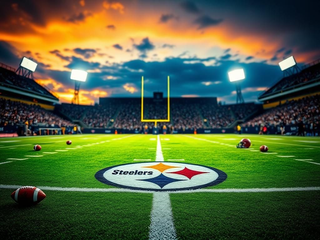 Flick International Dynamic scene of a Pittsburgh Steelers football field at dusk with bright stadium lights and team logo