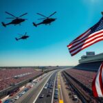 Flick International Aerial view of Indianapolis Motor Speedway with Apache helicopters flying above during Indy 500