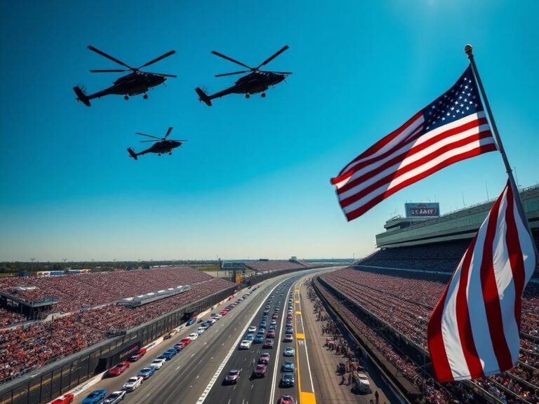 Flick International Aerial view of Indianapolis Motor Speedway with Apache helicopters flying above during Indy 500