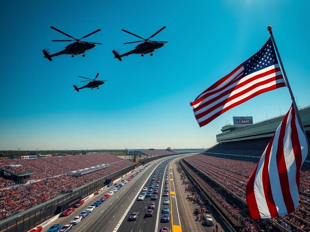 Flick International Aerial view of Indianapolis Motor Speedway with Apache helicopters flying above during Indy 500