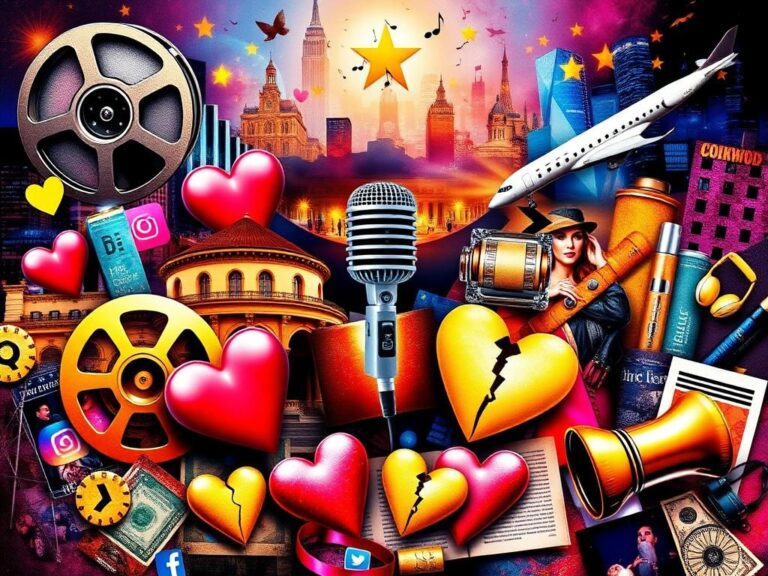 Flick International A vibrant collage representing the world of entertainment filled with iconic Hollywood symbols and luxury items.