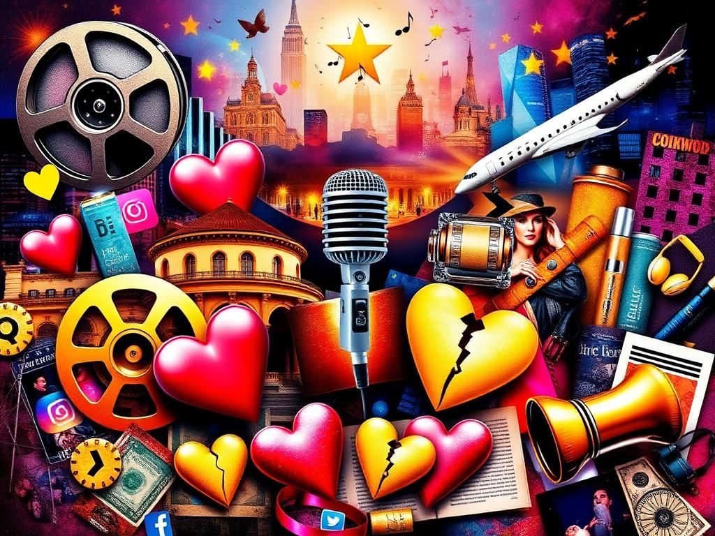 Flick International A vibrant collage representing the world of entertainment filled with iconic Hollywood symbols and luxury items.