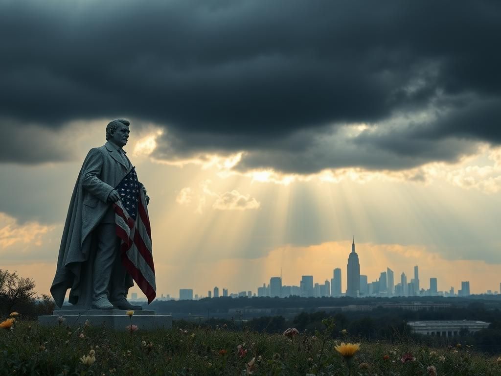 Flick International A weathered statue representing American political legacy amidst wilting flowers