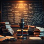 Flick International Dimly lit podcast studio featuring a microphone and books, symbolizing intellectual discussion.