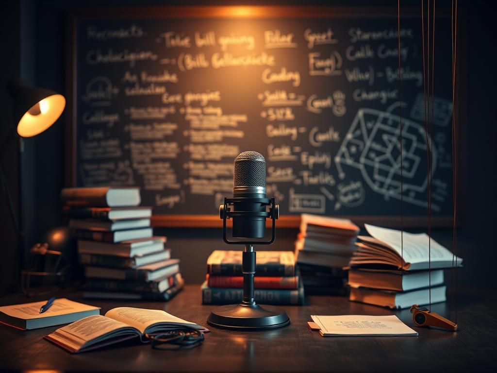 Flick International Dimly lit podcast studio featuring a microphone and books, symbolizing intellectual discussion.