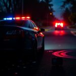 Flick International Police vehicle illuminated by flashing lights at a chaotic crime scene