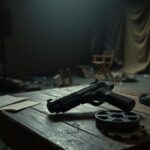 Flick International A weathered prop gun resting on an old wooden table in a dimly lit film set representing the aftermath of the tragic on-set shooting.