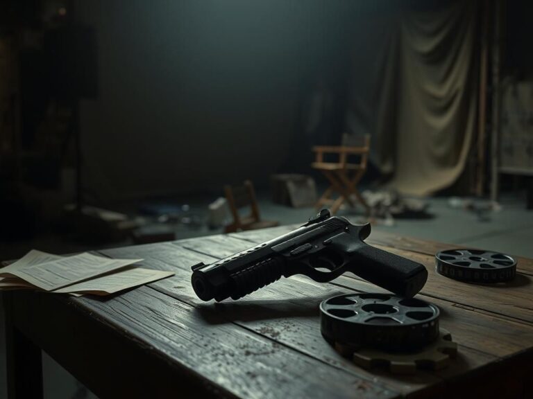 Flick International A weathered prop gun resting on an old wooden table in a dimly lit film set representing the aftermath of the tragic on-set shooting.