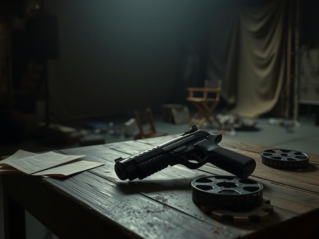Flick International A weathered prop gun resting on an old wooden table in a dimly lit film set representing the aftermath of the tragic on-set shooting.