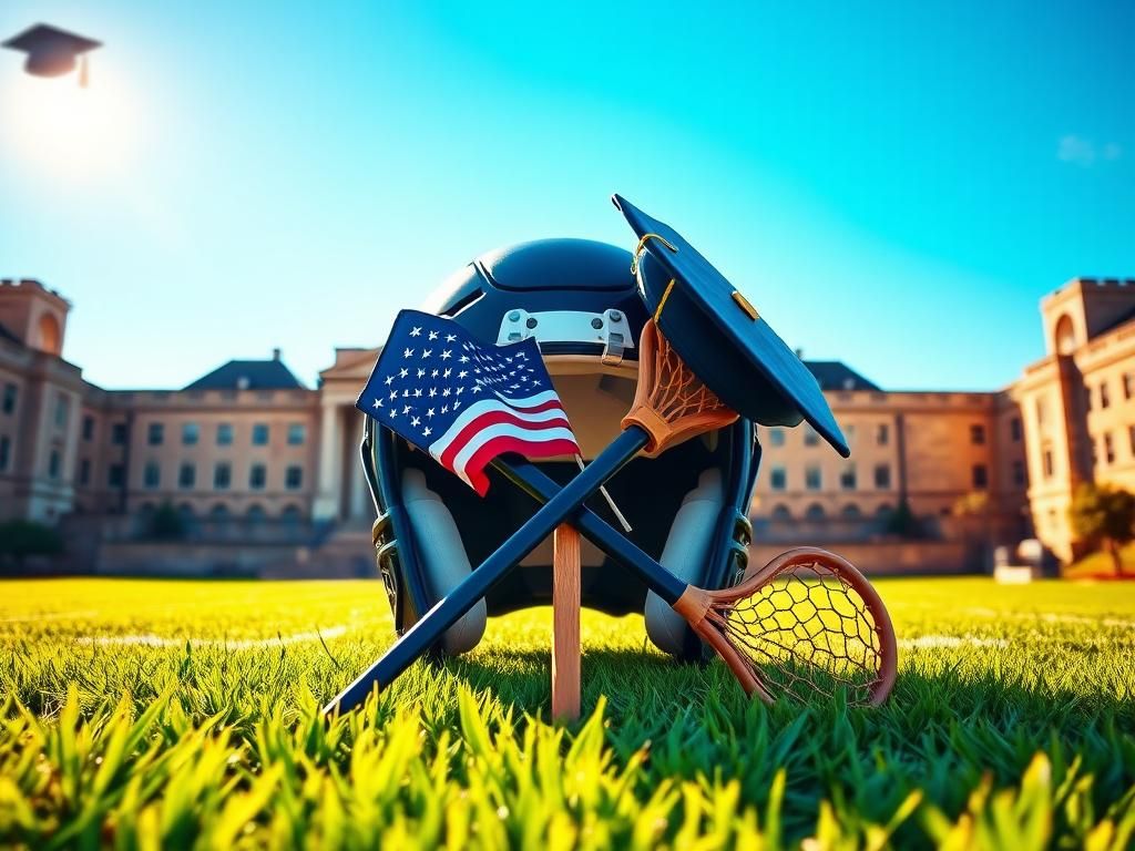 Flick International A football helmet and lacrosse stick crossed over an American flag at West Point Military Academy