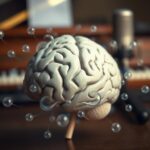 Flick International Close-up of a human brain model surrounded by cerebrospinal fluid outlines