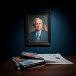 Flick International Dimly lit room with a weathered portrait of an aging politician and an American flag, evoking somber reflection.