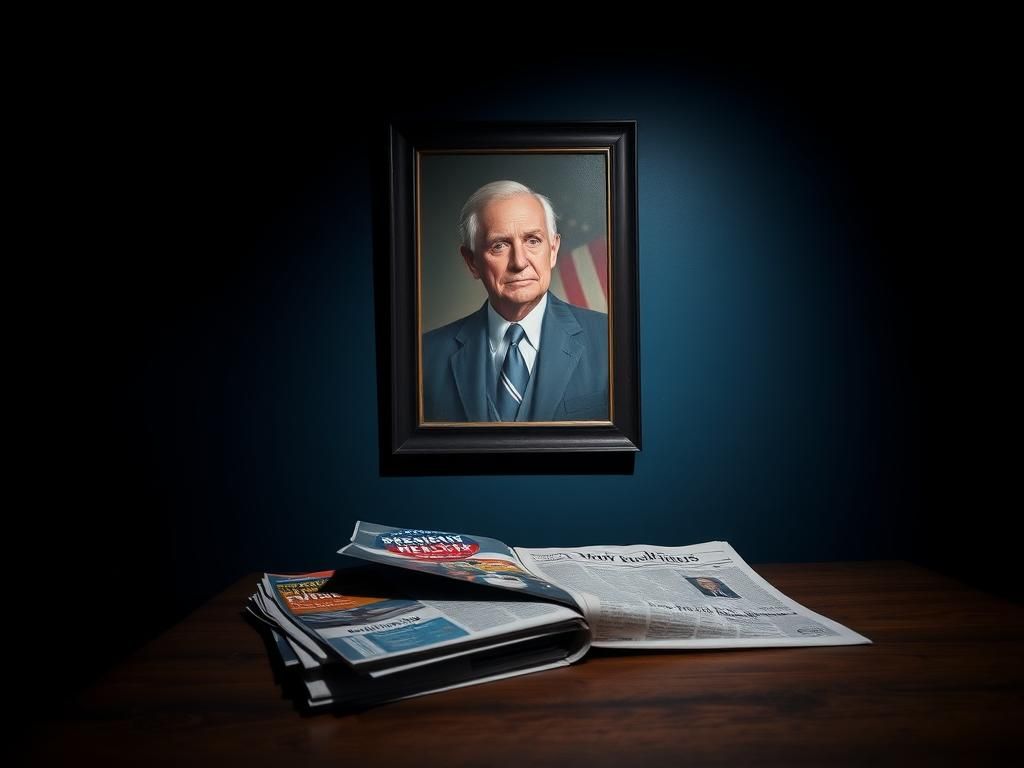 Flick International Dimly lit room with a weathered portrait of an aging politician and an American flag, evoking somber reflection.
