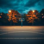 Flick International A deserted basketball court at dusk surrounded by autumn trees