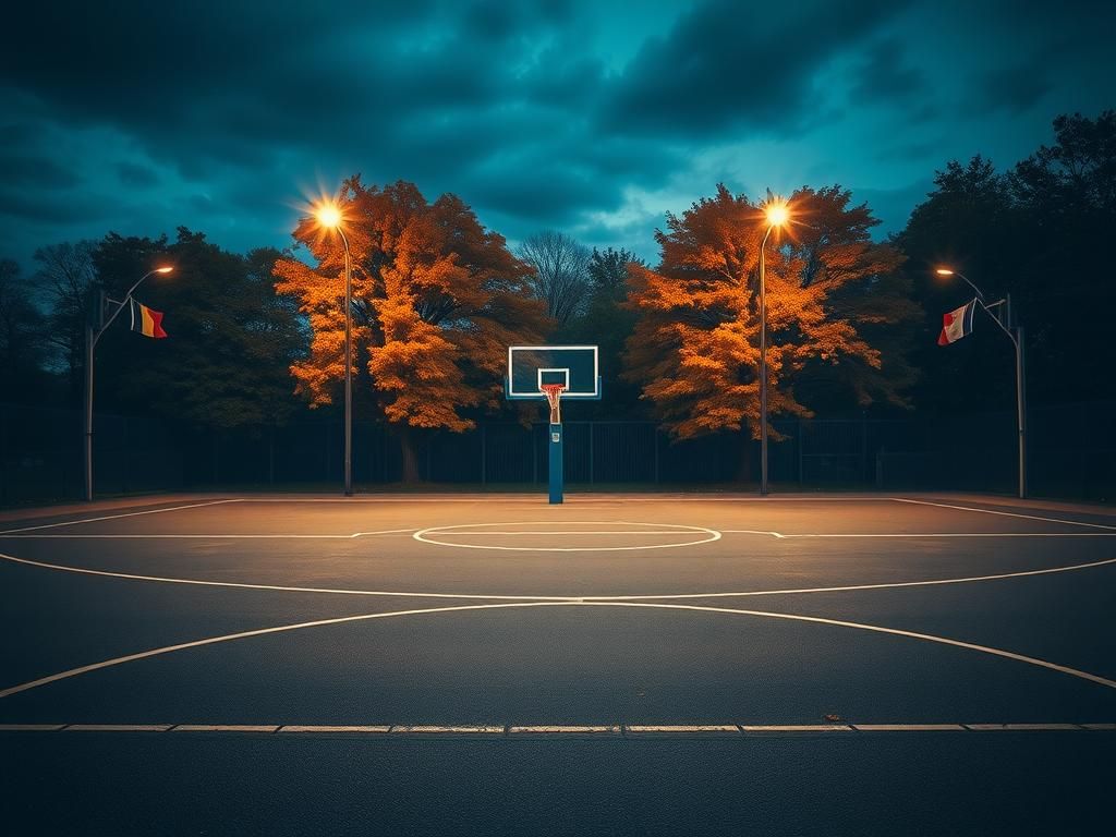 Flick International A deserted basketball court at dusk surrounded by autumn trees