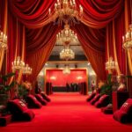 Flick International Luxurious red carpet scene at Cannes Film Festival with elegant drapery and sparkling jewelry displays