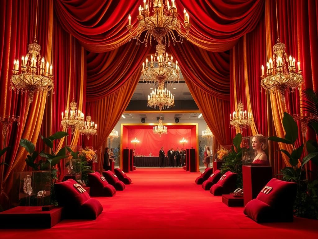Flick International Luxurious red carpet scene at Cannes Film Festival with elegant drapery and sparkling jewelry displays