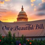 Flick International Dramatic view of the U.S. Capitol building with sunset lighting and a banner for 'One Big Beautiful Bill'