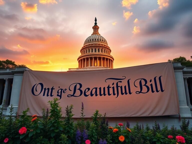 Flick International Dramatic view of the U.S. Capitol building with sunset lighting and a banner for 'One Big Beautiful Bill'