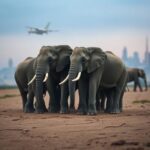 Flick International Herd of elephants standing together in a circular formation amidst a post-earthquake landscape