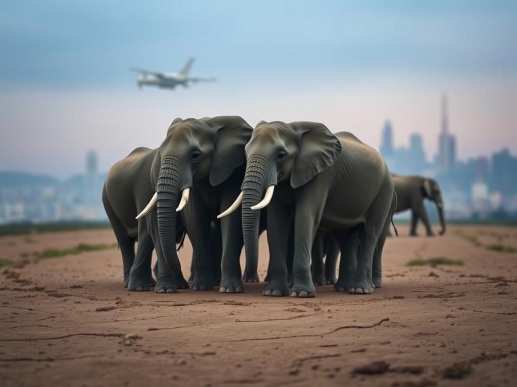 Flick International Herd of elephants standing together in a circular formation amidst a post-earthquake landscape