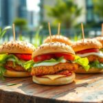 Flick International An array of delicious chicken burgers with fresh toppings on a rustic wooden table