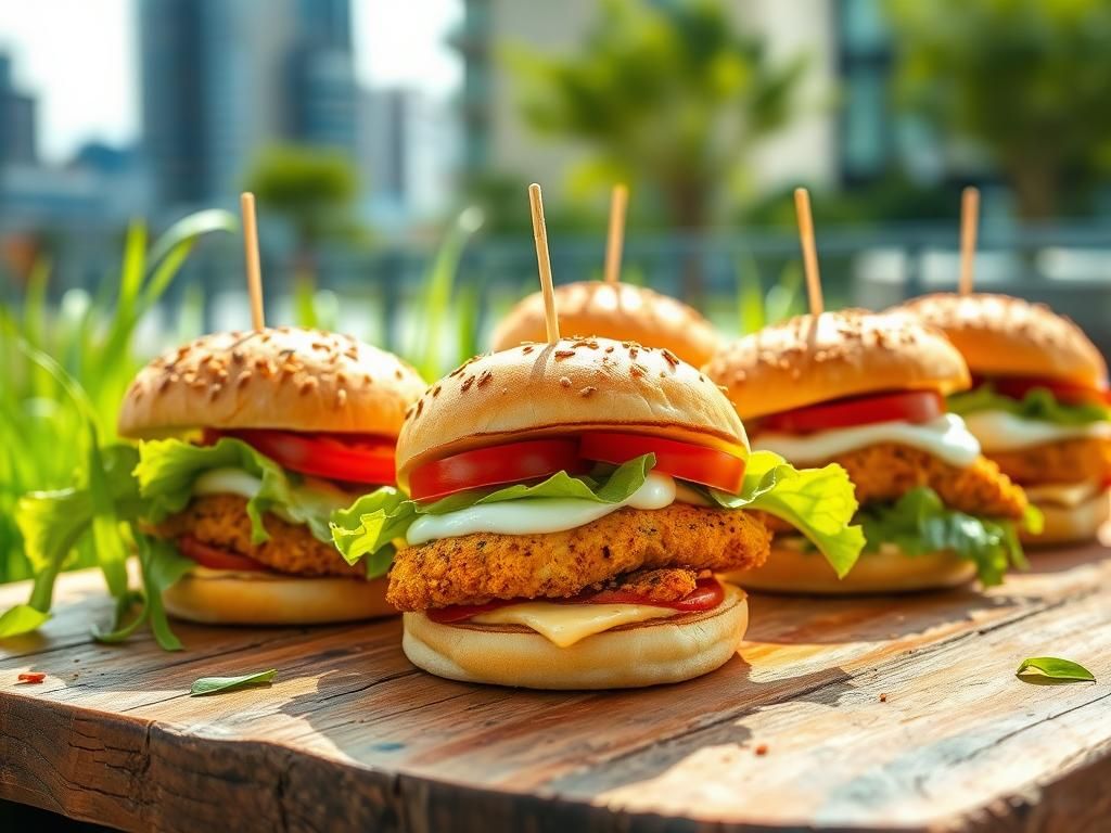 Flick International An array of delicious chicken burgers with fresh toppings on a rustic wooden table