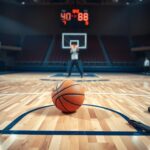 Flick International Tense basketball court scene with a basketball on the floor and a blurred scoreboard