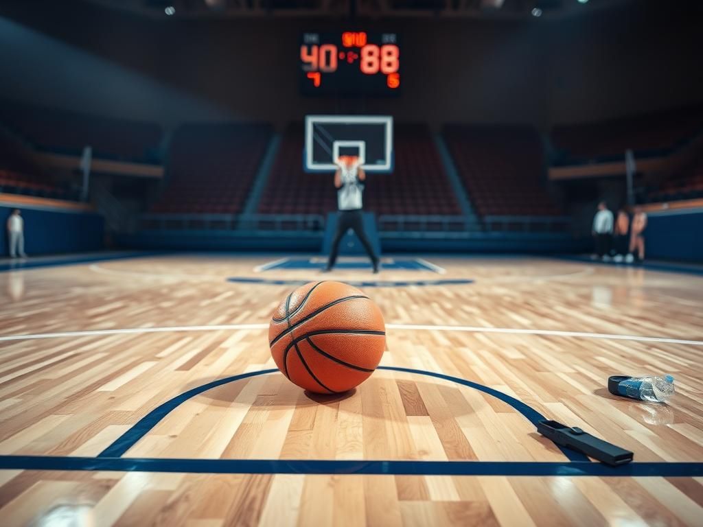 Flick International Tense basketball court scene with a basketball on the floor and a blurred scoreboard