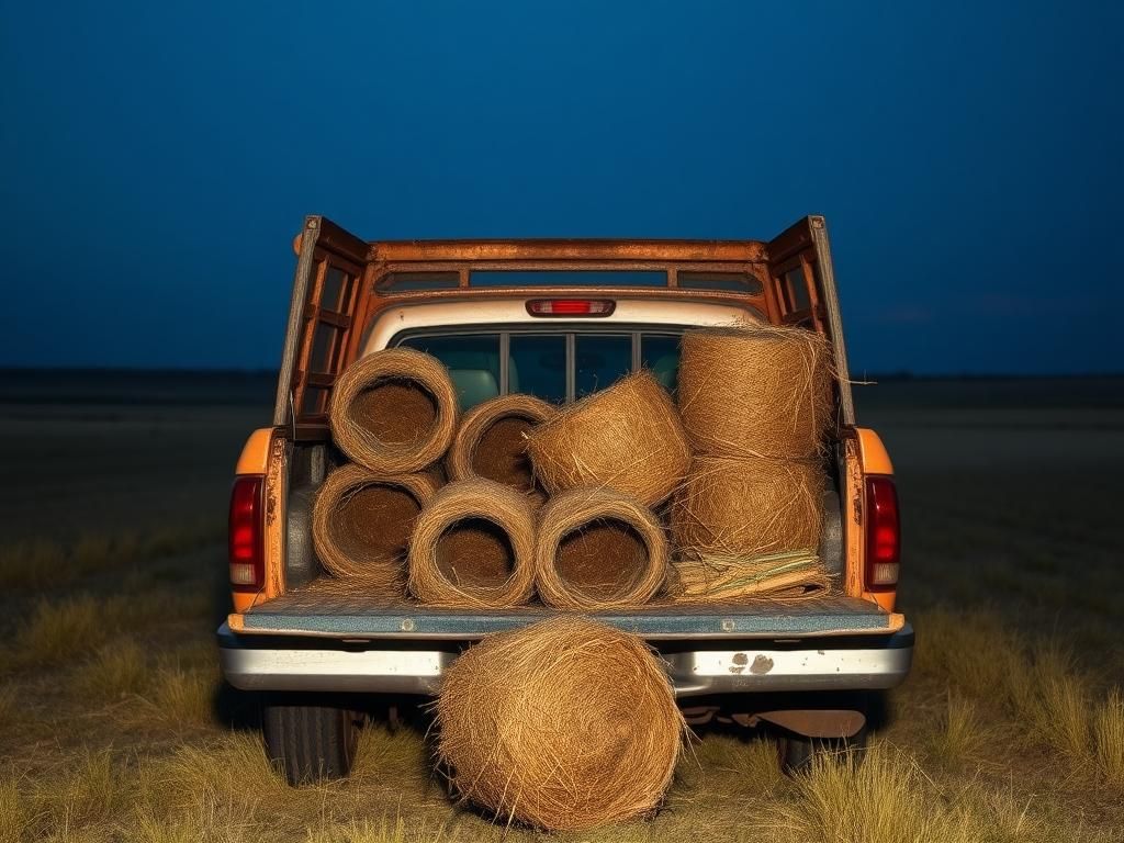 Flick International Weathered pickup truck with hollowed hay bales hiding migrants in Texas