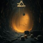 Flick International Dimly lit underground gold mine shaft with broken hoist system and scattered mining tools