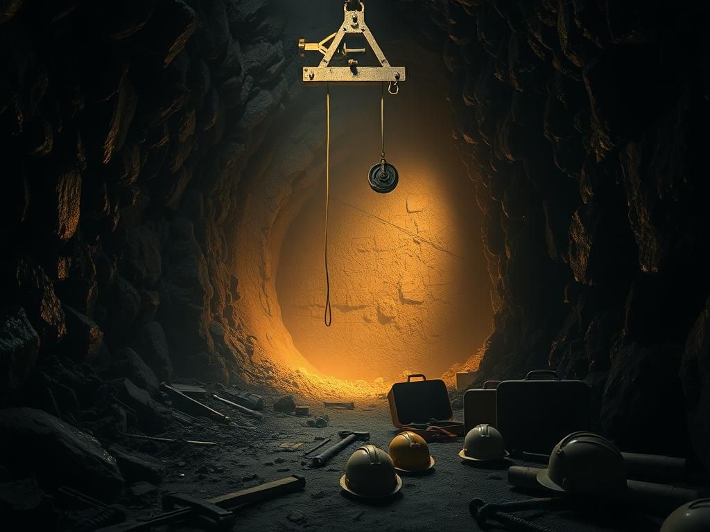 Flick International Dimly lit underground gold mine shaft with broken hoist system and scattered mining tools