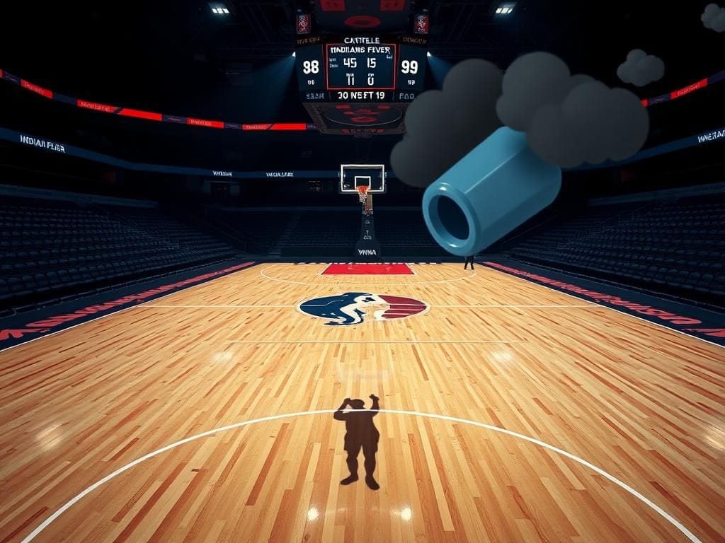 Flick International Tense basketball court scene with a faint shadow representing Caitlin Clark near the three-point line.