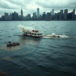 Flick International A submerged sewage boat in the Hudson River showing signs of an explosion with smoke and debris