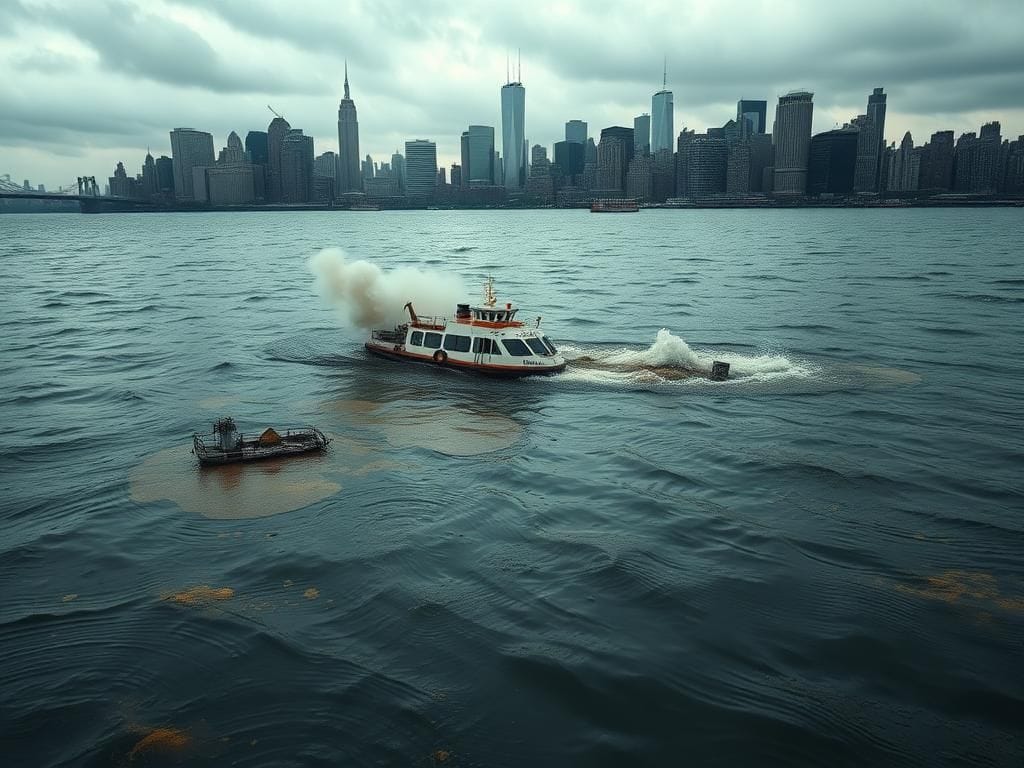 Flick International A submerged sewage boat in the Hudson River showing signs of an explosion with smoke and debris