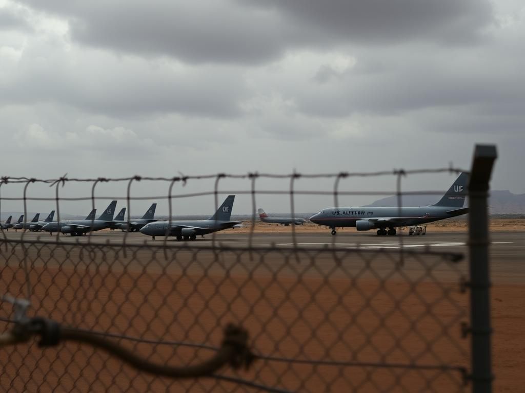Flick International Military aircraft lined up on a tarmac at a U.S. military base in Djibouti under a cloudy sky.