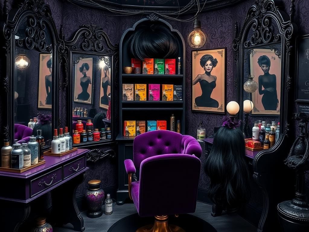 Flick International Gothic-style hair salon with vintage chair and colorful hair dye boxes